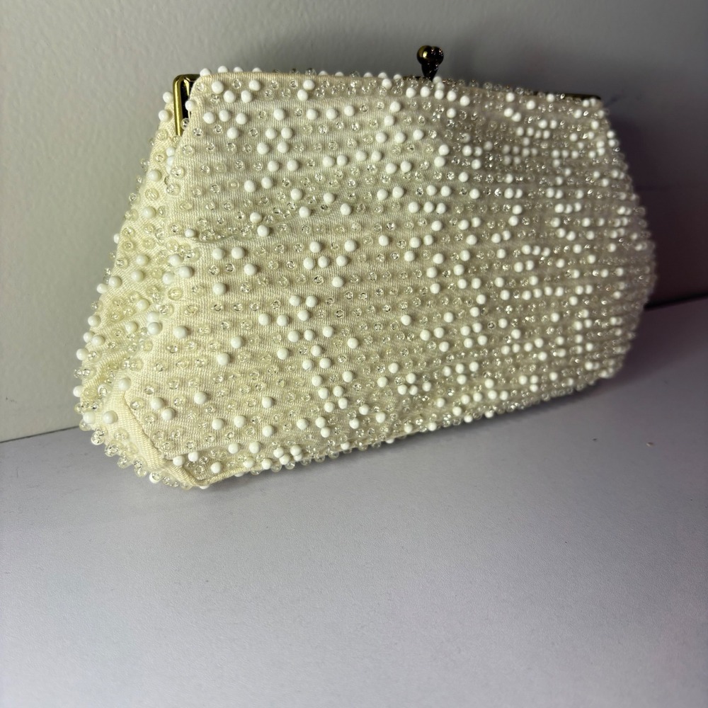 Authentic Vintage Mid Century Clutch Evening Bag Small Ivory Corde-Bead Lumered
